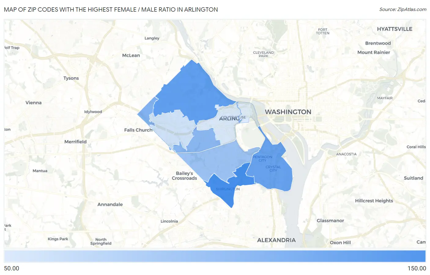 Zip Codes with the Highest Female / Male Ratio in Arlington Map
