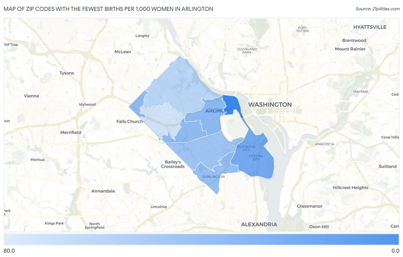 Zip Codes with the Fewest Births per 1,000 Women in Arlington Map