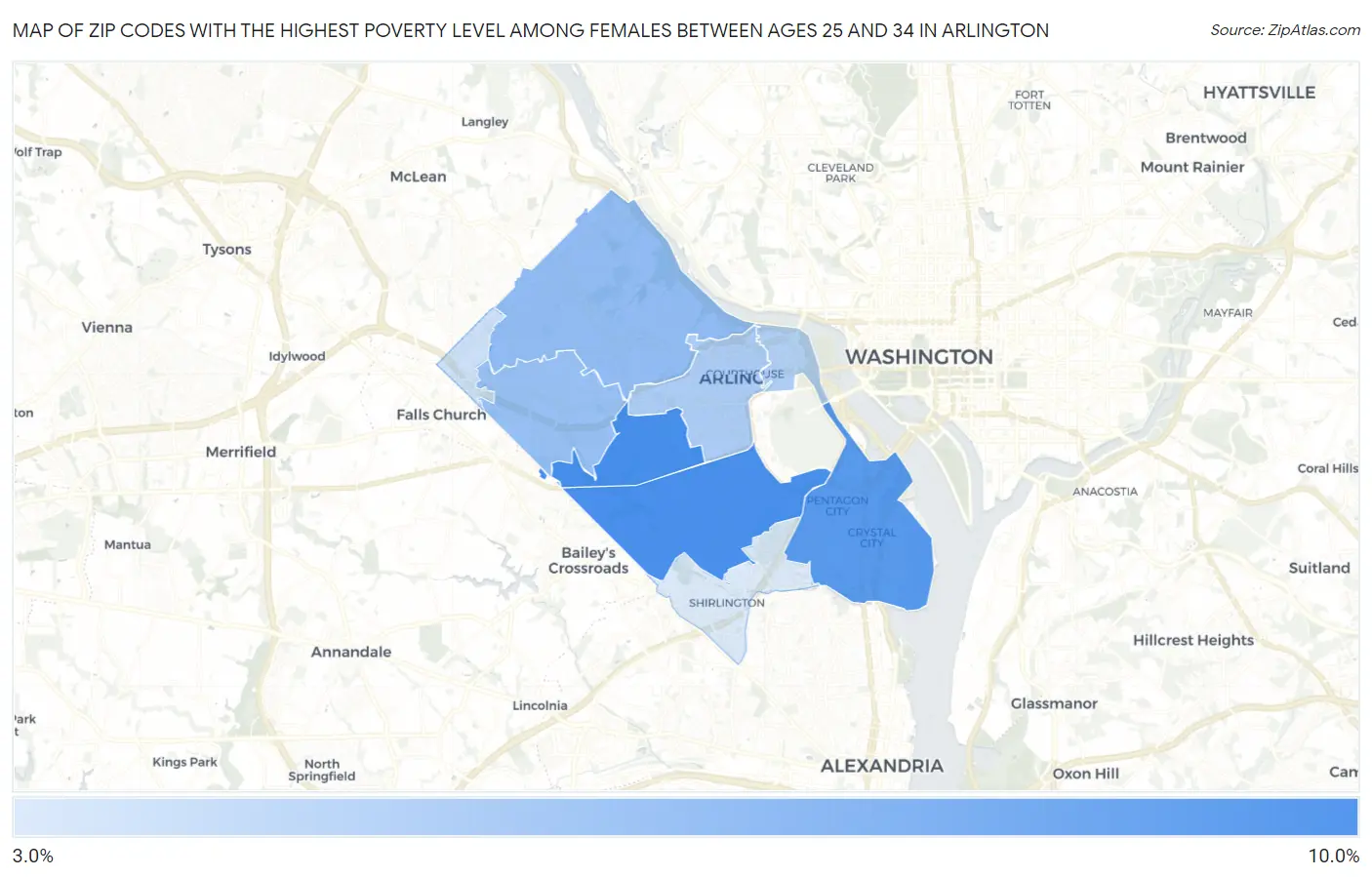 Zip Codes with the Highest Poverty Level Among Females Between Ages 25 and 34 in Arlington Map