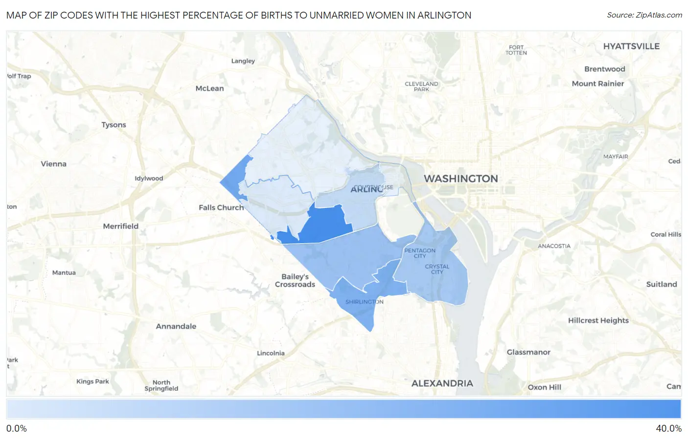 Zip Codes with the Highest Percentage of Births to Unmarried Women in Arlington Map