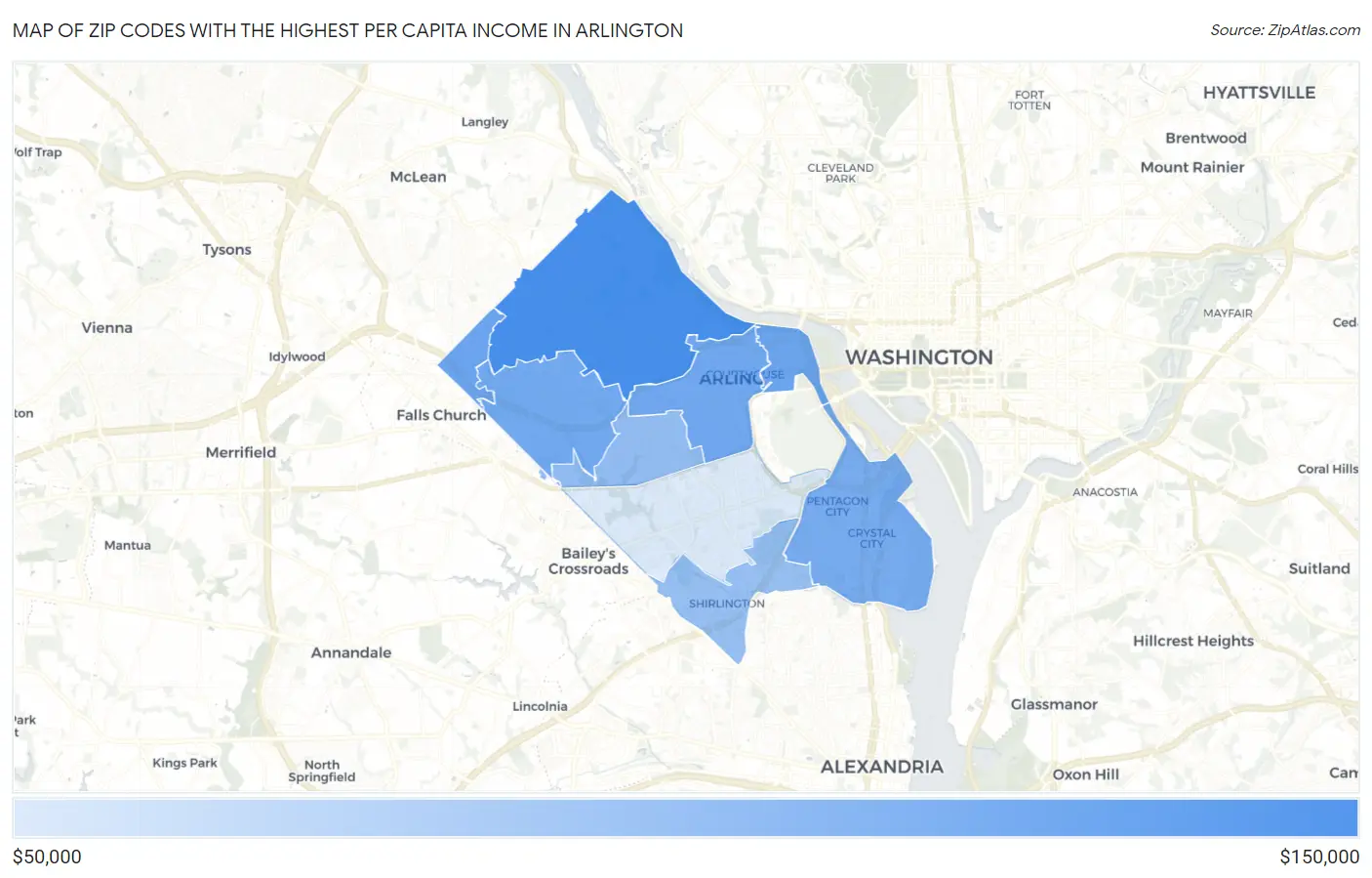 Zip Codes with the Highest Per Capita Income in Arlington Map