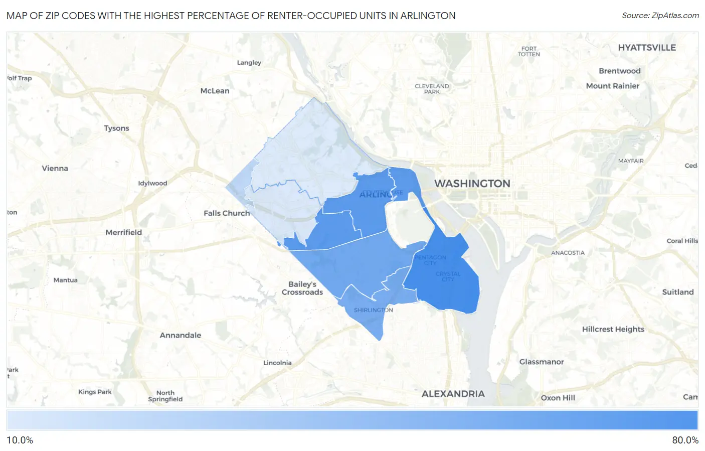Zip Codes with the Highest Percentage of Renter-Occupied Units in Arlington Map