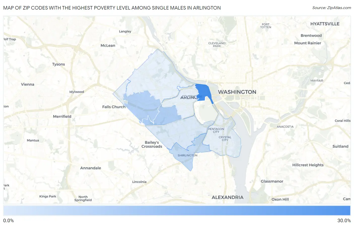 Zip Codes with the Highest Poverty Level Among Single Males in Arlington Map