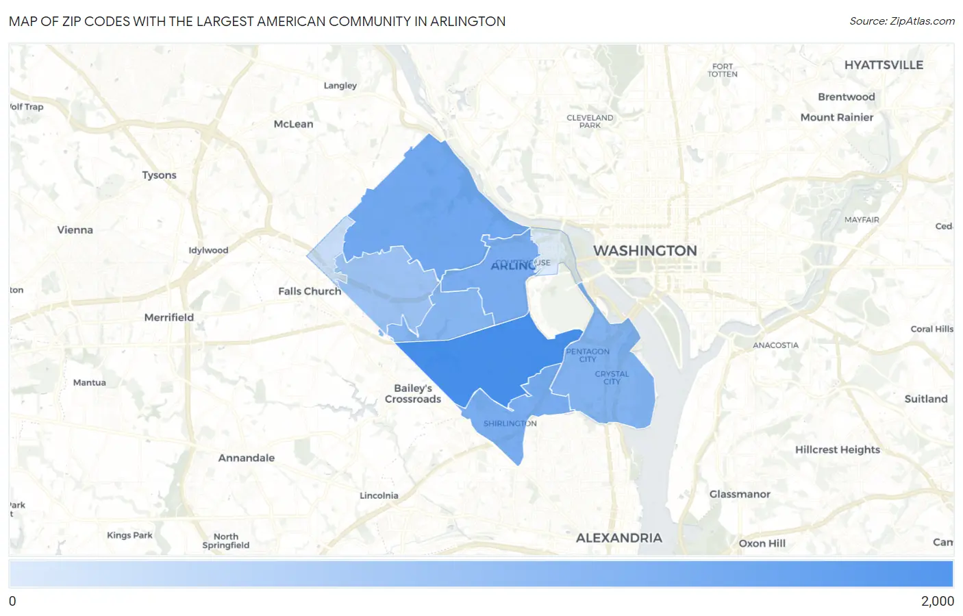 Zip Codes with the Largest American Community in Arlington Map