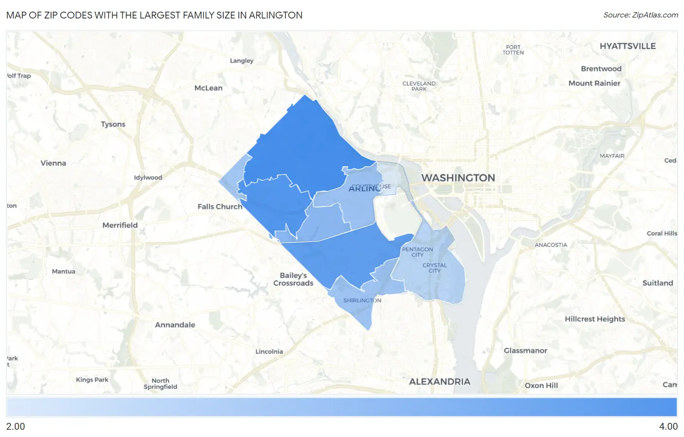 Zip Codes with the Largest Family Size in Arlington Map