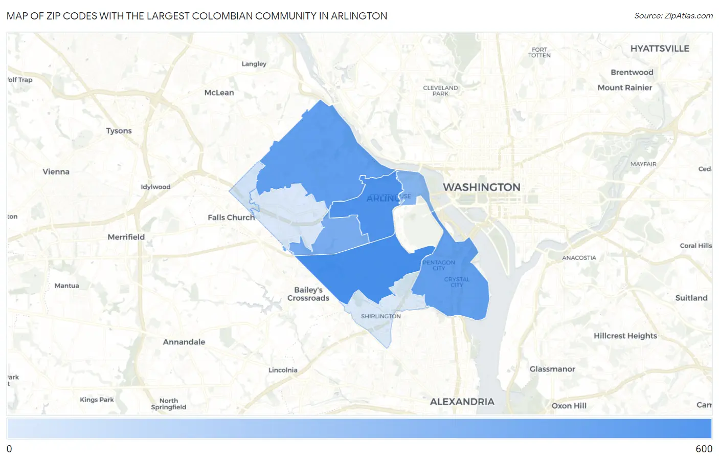 Zip Codes with the Largest Colombian Community in Arlington Map