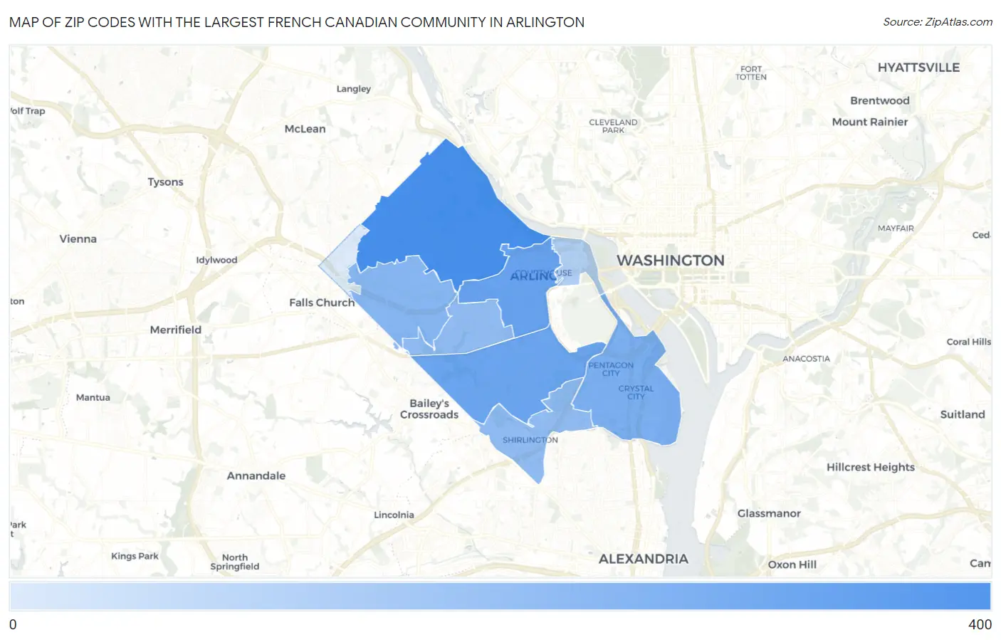 Zip Codes with the Largest French Canadian Community in Arlington Map