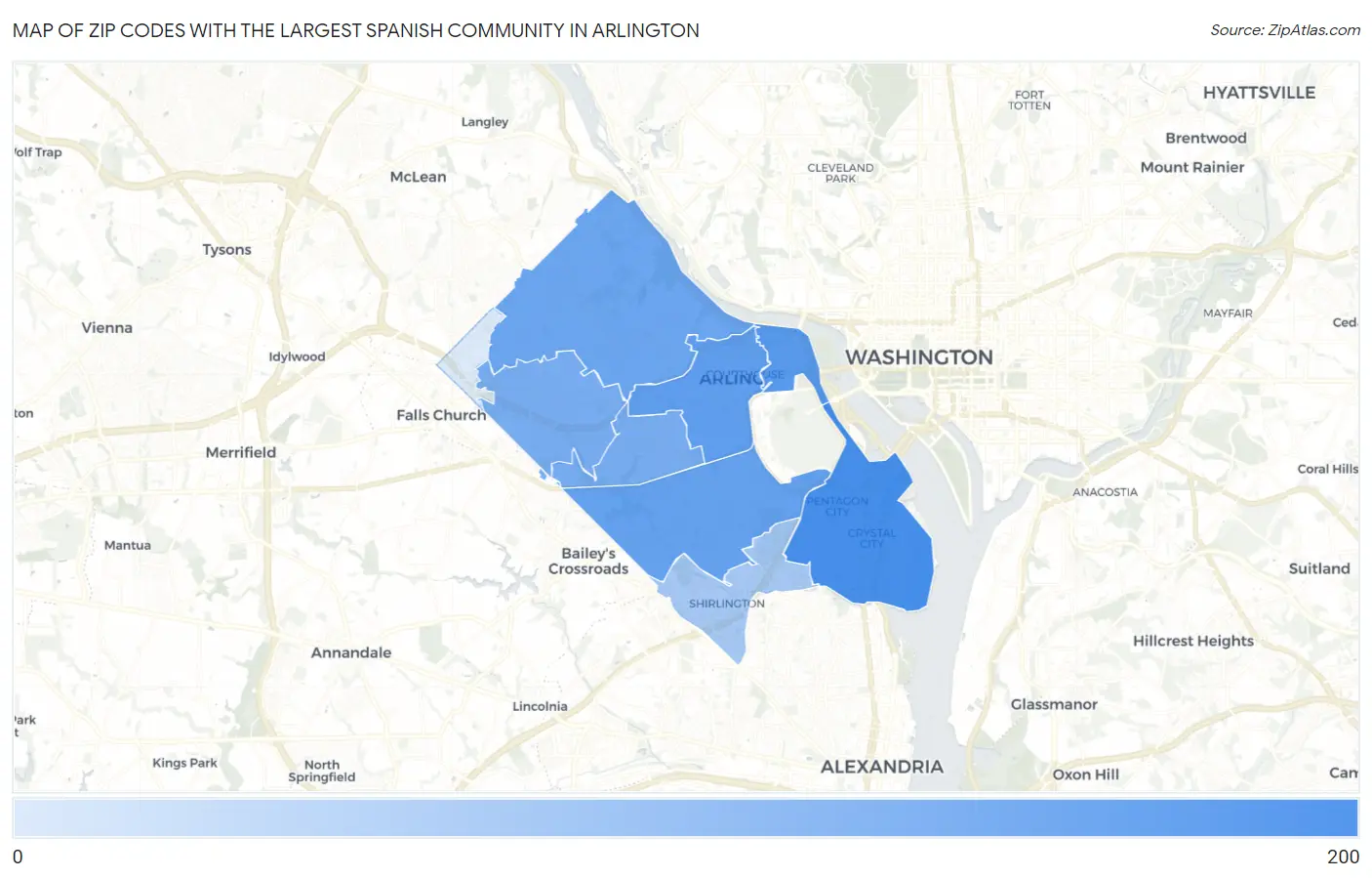 Zip Codes with the Largest Spanish Community in Arlington Map