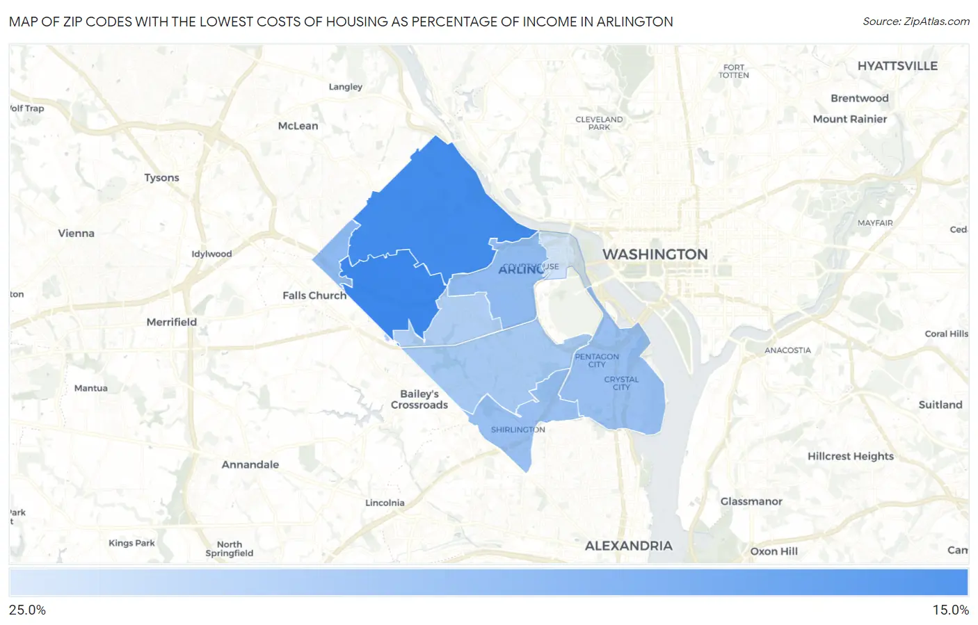 Zip Codes with the Lowest Costs of Housing as Percentage of Income in Arlington Map