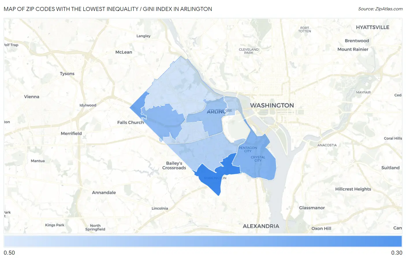Zip Codes with the Lowest Inequality / Gini Index in Arlington Map