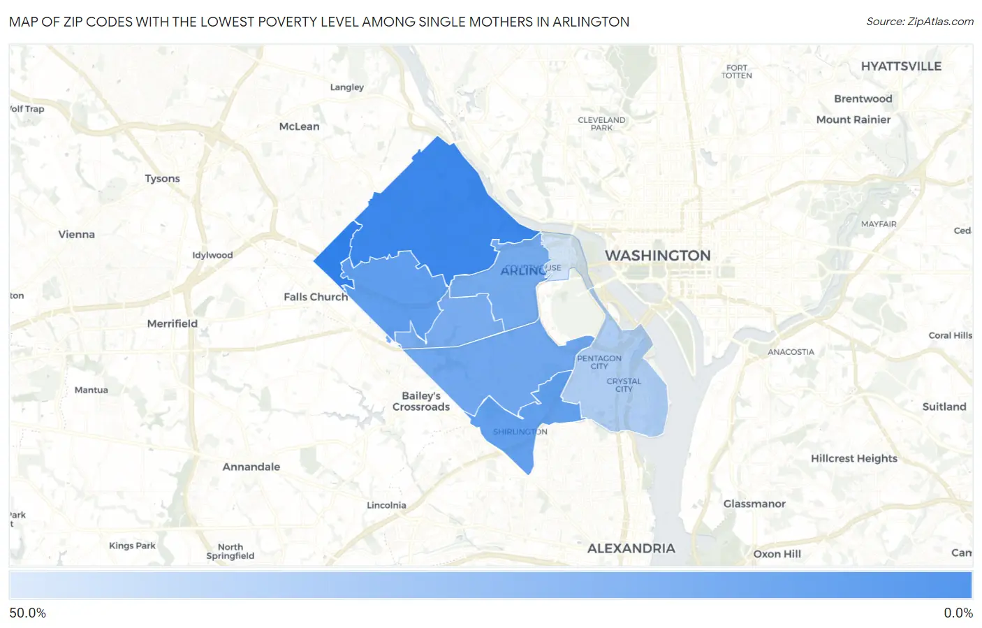 Zip Codes with the Lowest Poverty Level Among Single Mothers in Arlington Map