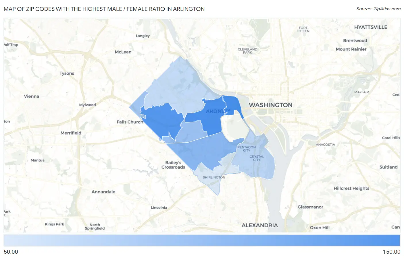 Zip Codes with the Highest Male / Female Ratio in Arlington Map
