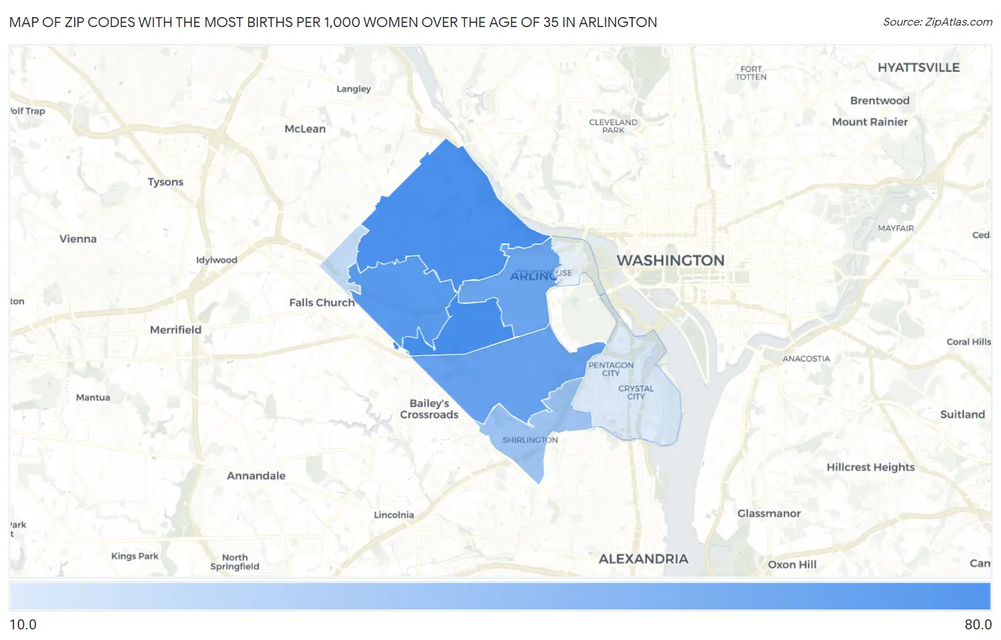 Zip Codes with the Most Births per 1,000 Women Over the Age of 35 in Arlington Map