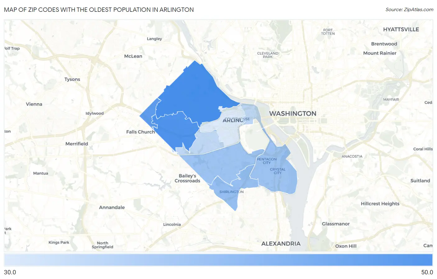 Zip Codes with the Oldest Population in Arlington Map
