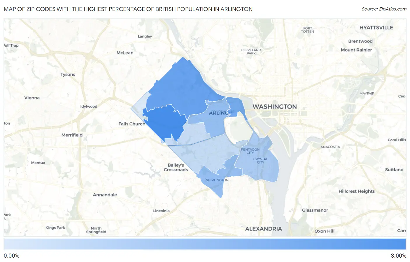 Zip Codes with the Highest Percentage of British Population in Arlington Map