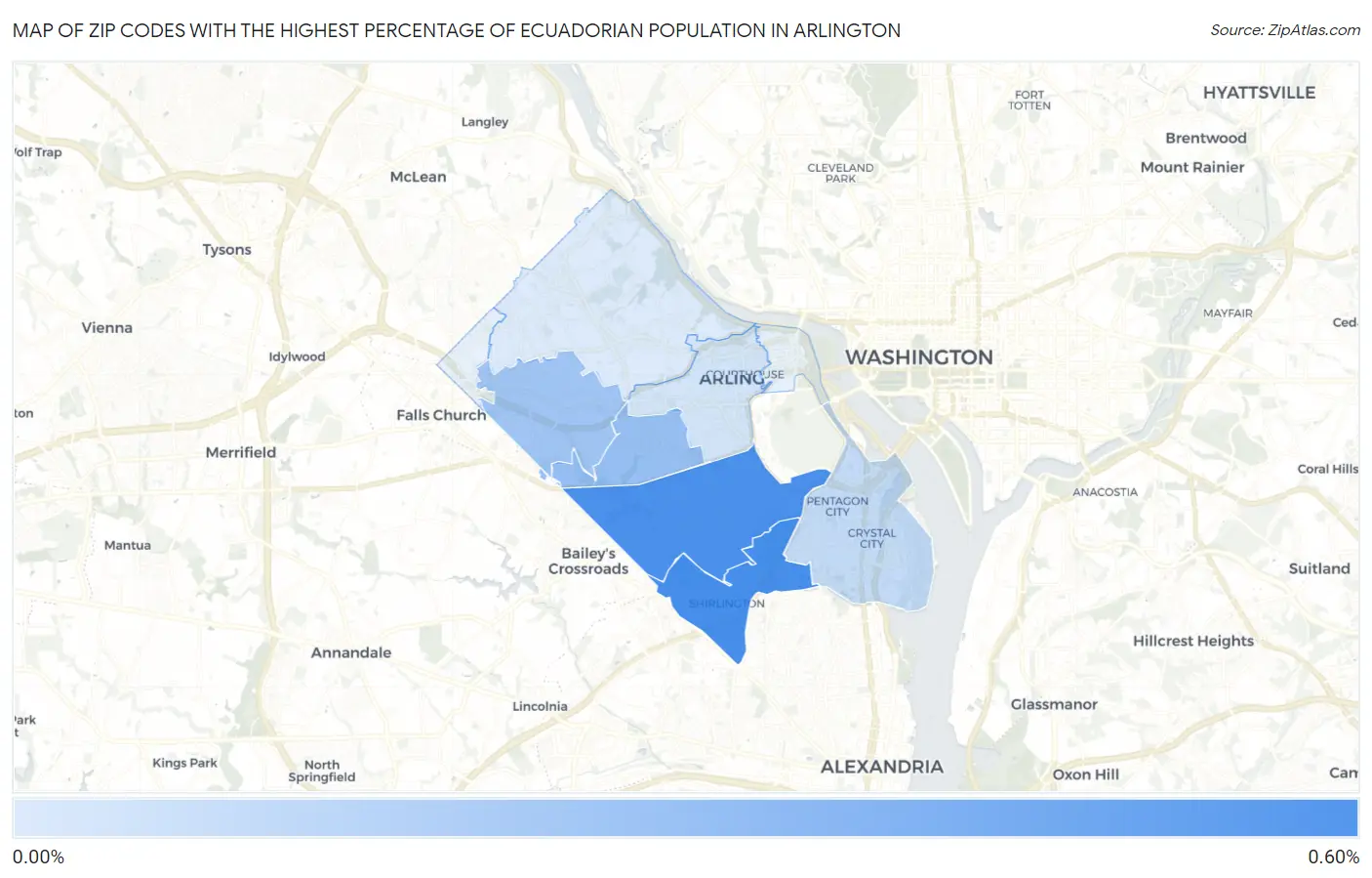 Zip Codes with the Highest Percentage of Ecuadorian Population in Arlington Map