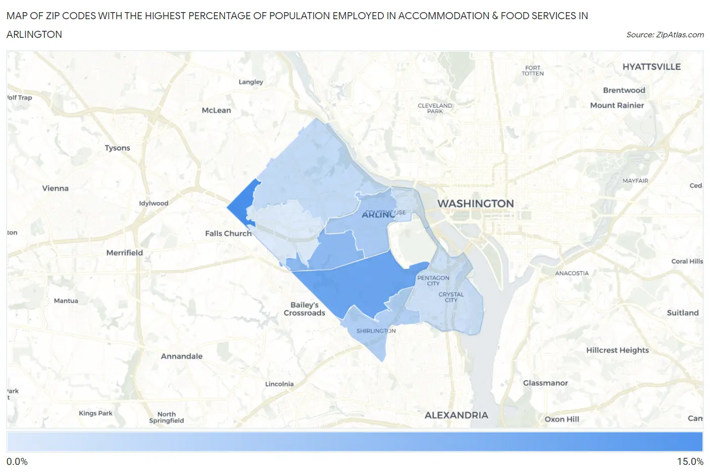 Zip Codes with the Highest Percentage of Population Employed in Accommodation & Food Services in Arlington Map