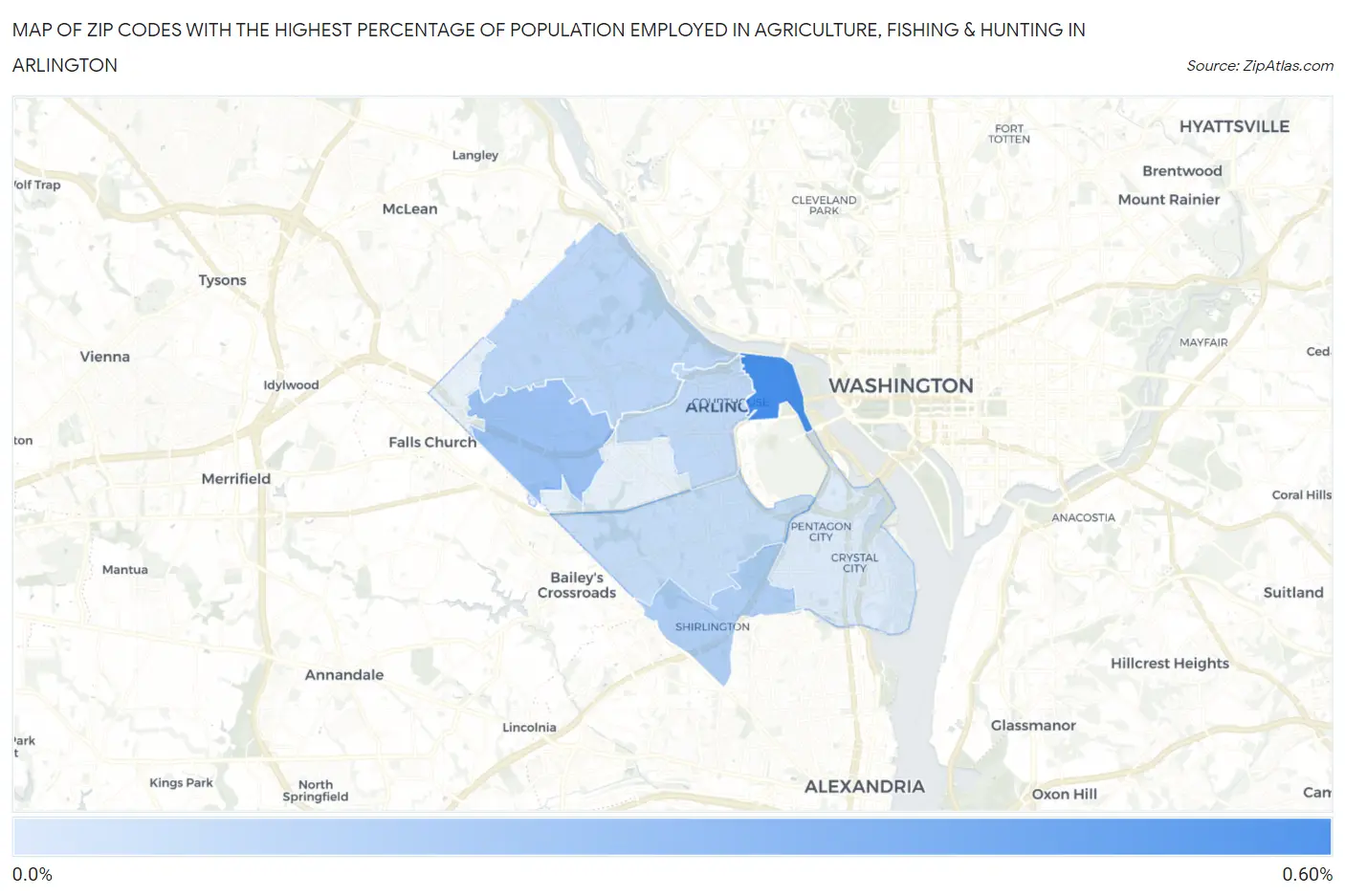 Zip Codes with the Highest Percentage of Population Employed in Agriculture, Fishing & Hunting in Arlington Map