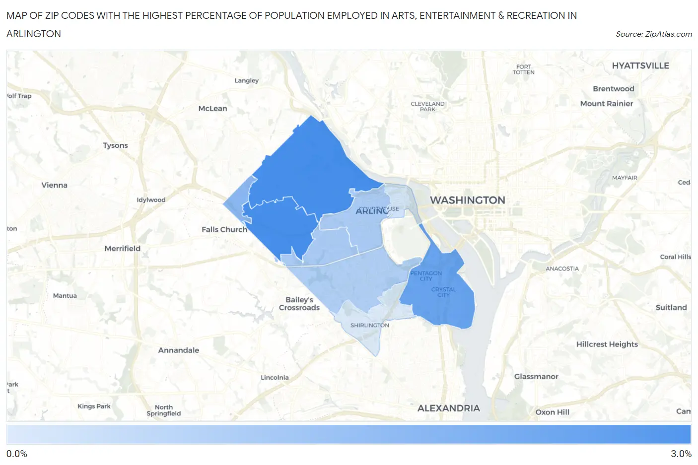 Zip Codes with the Highest Percentage of Population Employed in Arts, Entertainment & Recreation in Arlington Map