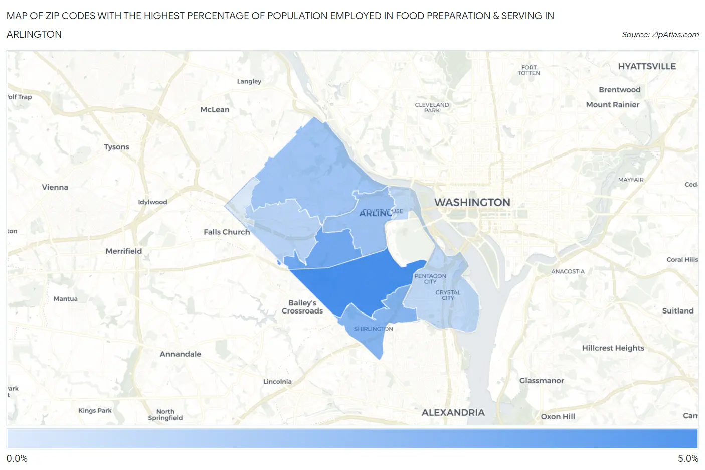Zip Codes with the Highest Percentage of Population Employed in Food Preparation & Serving in Arlington Map
