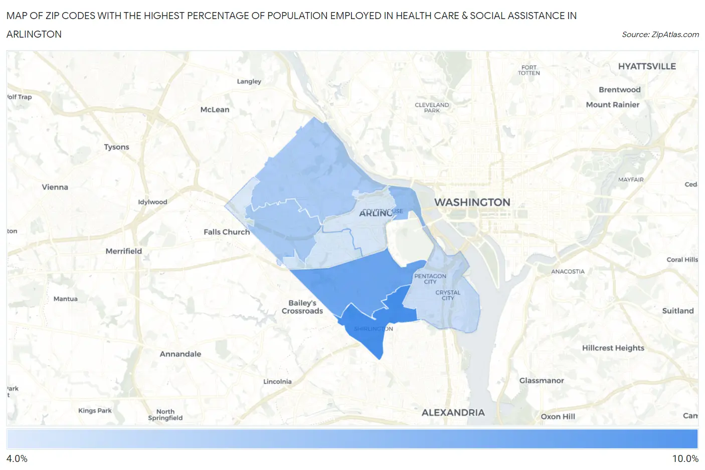 Zip Codes with the Highest Percentage of Population Employed in Health Care & Social Assistance in Arlington Map