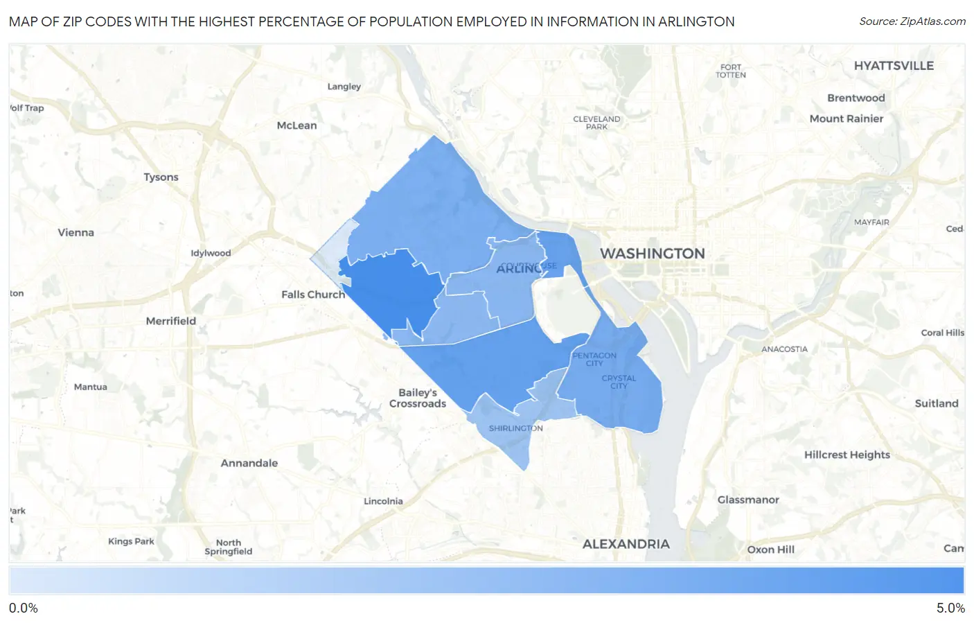 Zip Codes with the Highest Percentage of Population Employed in Information in Arlington Map