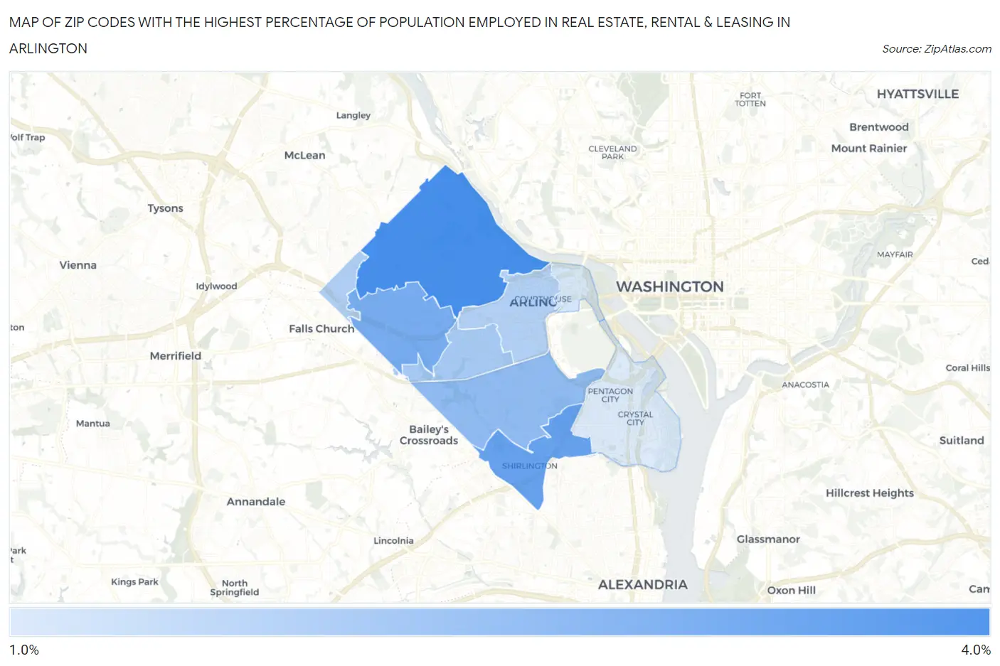 Zip Codes with the Highest Percentage of Population Employed in Real Estate, Rental & Leasing in Arlington Map
