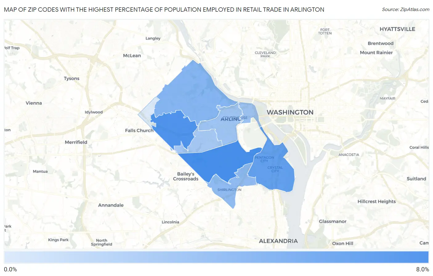 Zip Codes with the Highest Percentage of Population Employed in Retail Trade in Arlington Map