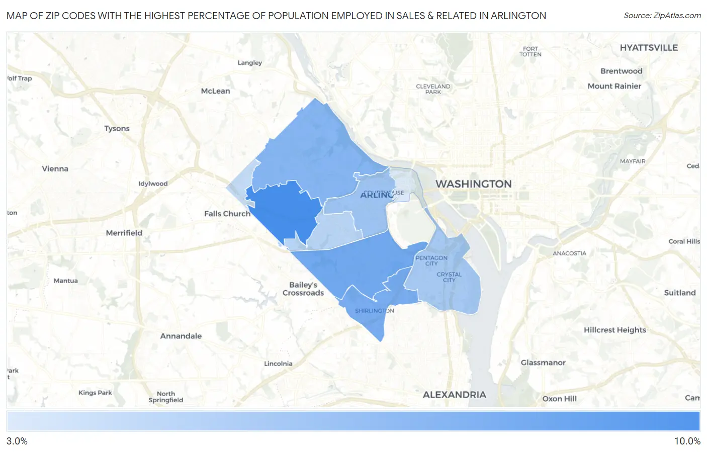 Zip Codes with the Highest Percentage of Population Employed in Sales & Related in Arlington Map