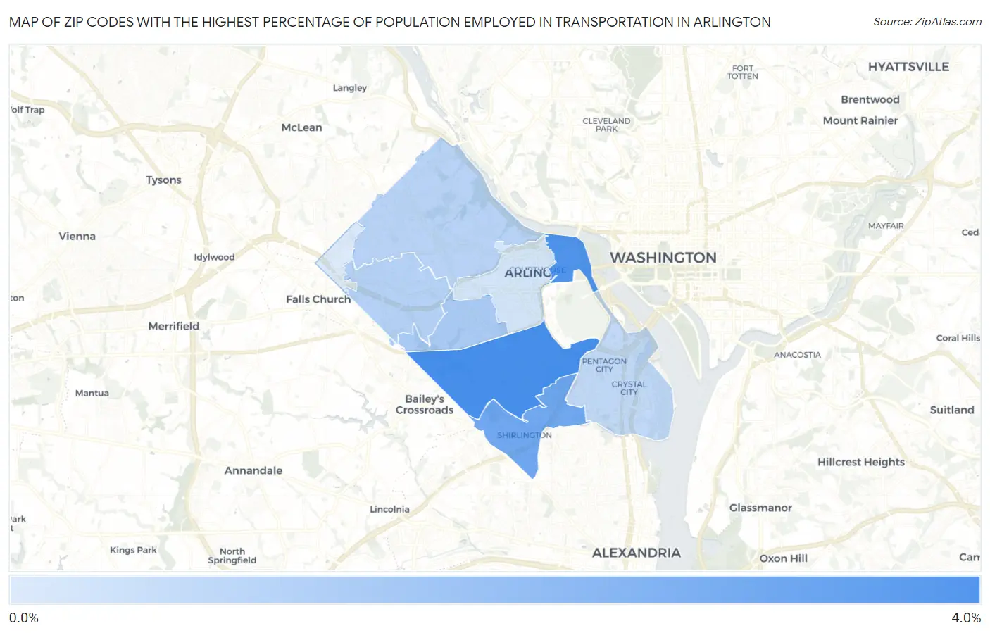 Zip Codes with the Highest Percentage of Population Employed in Transportation in Arlington Map