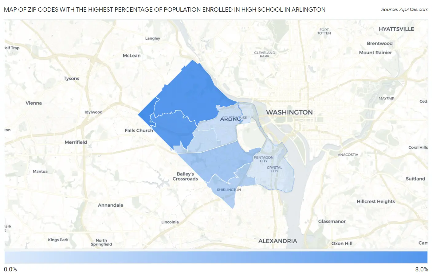 Zip Codes with the Highest Percentage of Population Enrolled in High School in Arlington Map