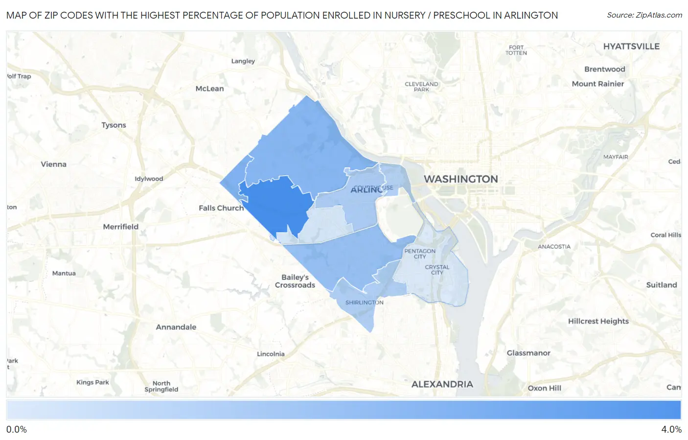 Zip Codes with the Highest Percentage of Population Enrolled in Nursery / Preschool in Arlington Map