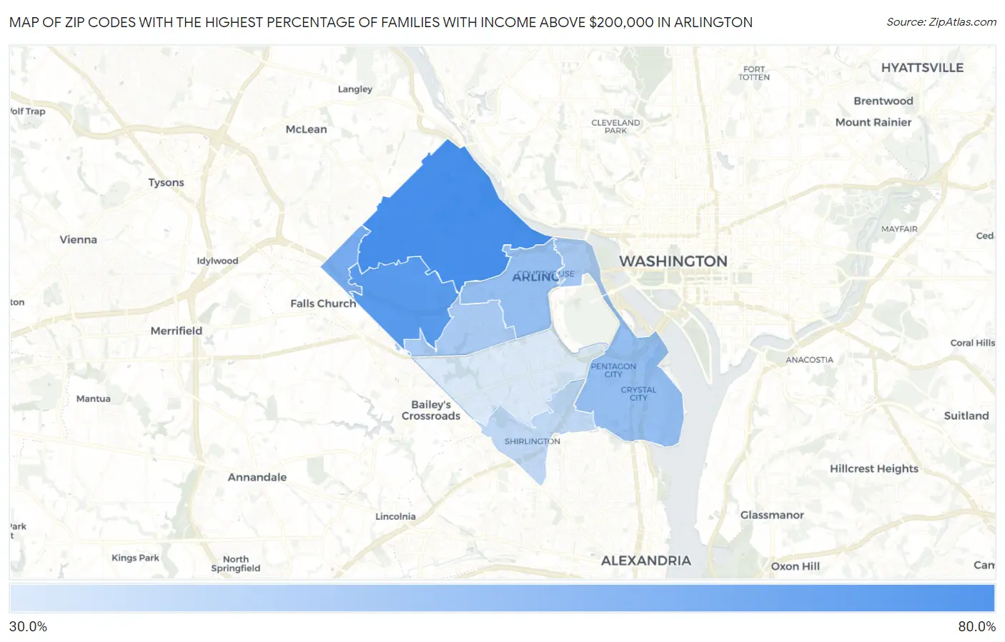 Zip Codes with the Highest Percentage of Families with Income Above $200,000 in Arlington Map
