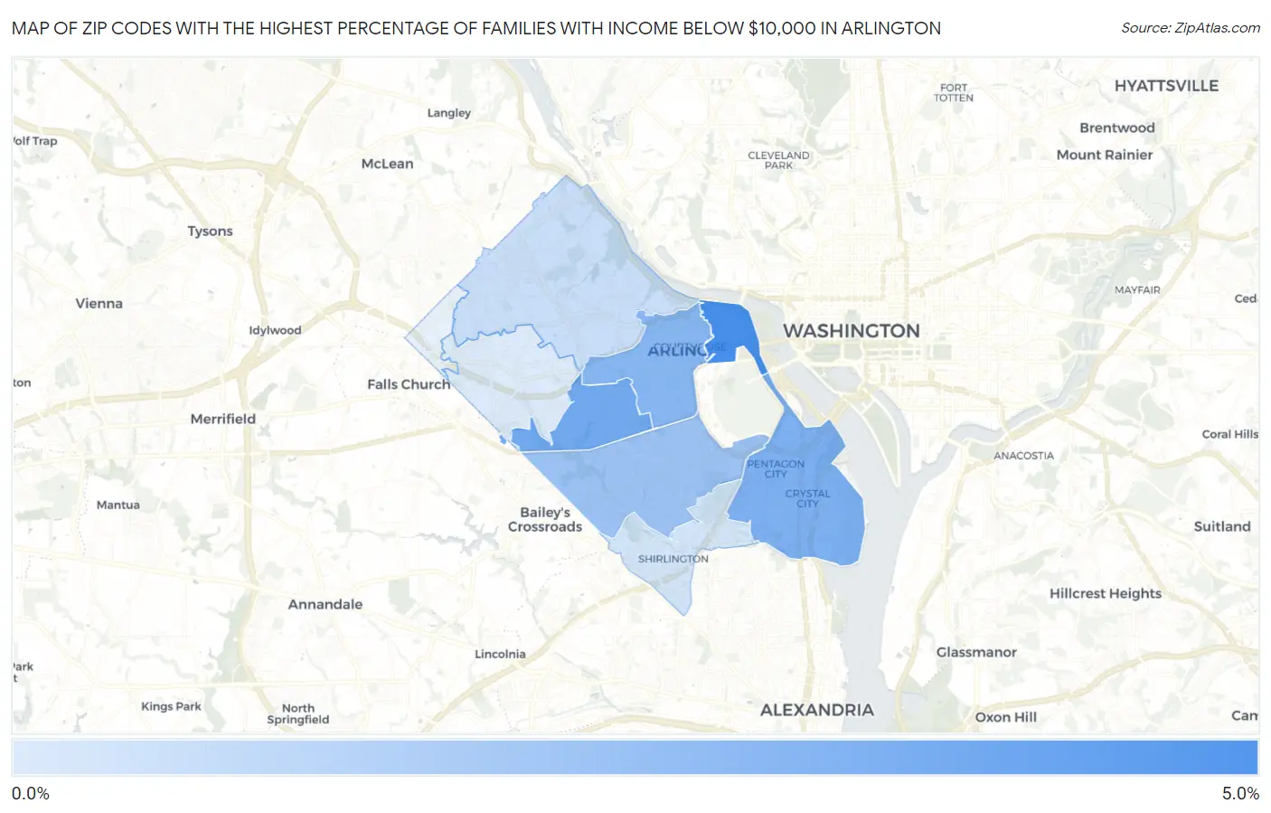 Zip Codes with the Highest Percentage of Families with Income Below $10,000 in Arlington Map