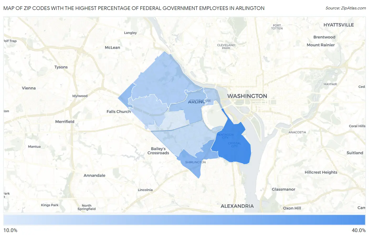 Zip Codes with the Highest Percentage of Federal Government Employees in Arlington Map