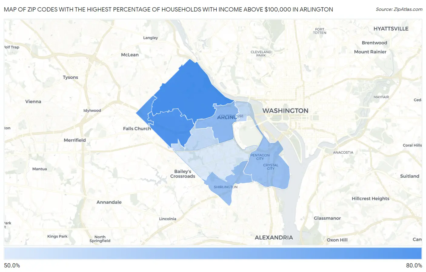 Zip Codes with the Highest Percentage of Households with Income Above $100,000 in Arlington Map