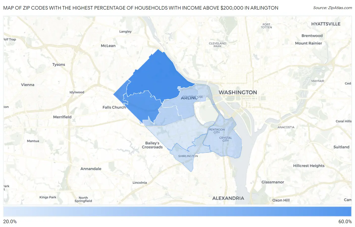 Zip Codes with the Highest Percentage of Households with Income Above $200,000 in Arlington Map