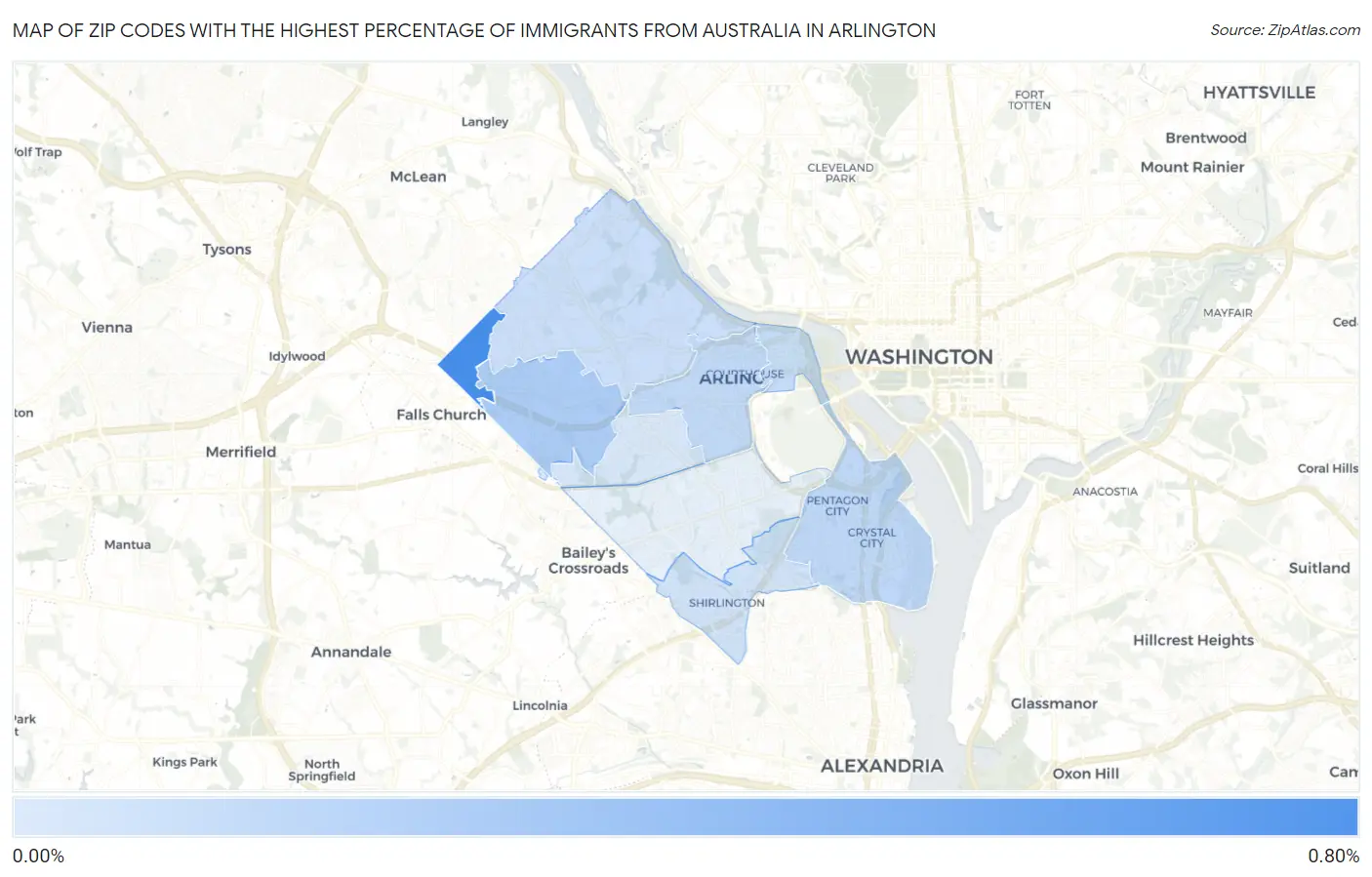 Zip Codes with the Highest Percentage of Immigrants from Australia in Arlington Map