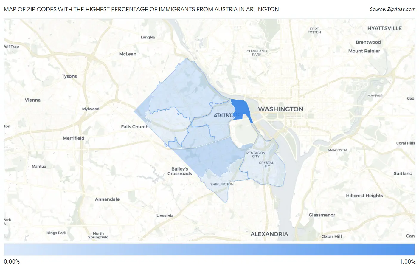 Zip Codes with the Highest Percentage of Immigrants from Austria in Arlington Map