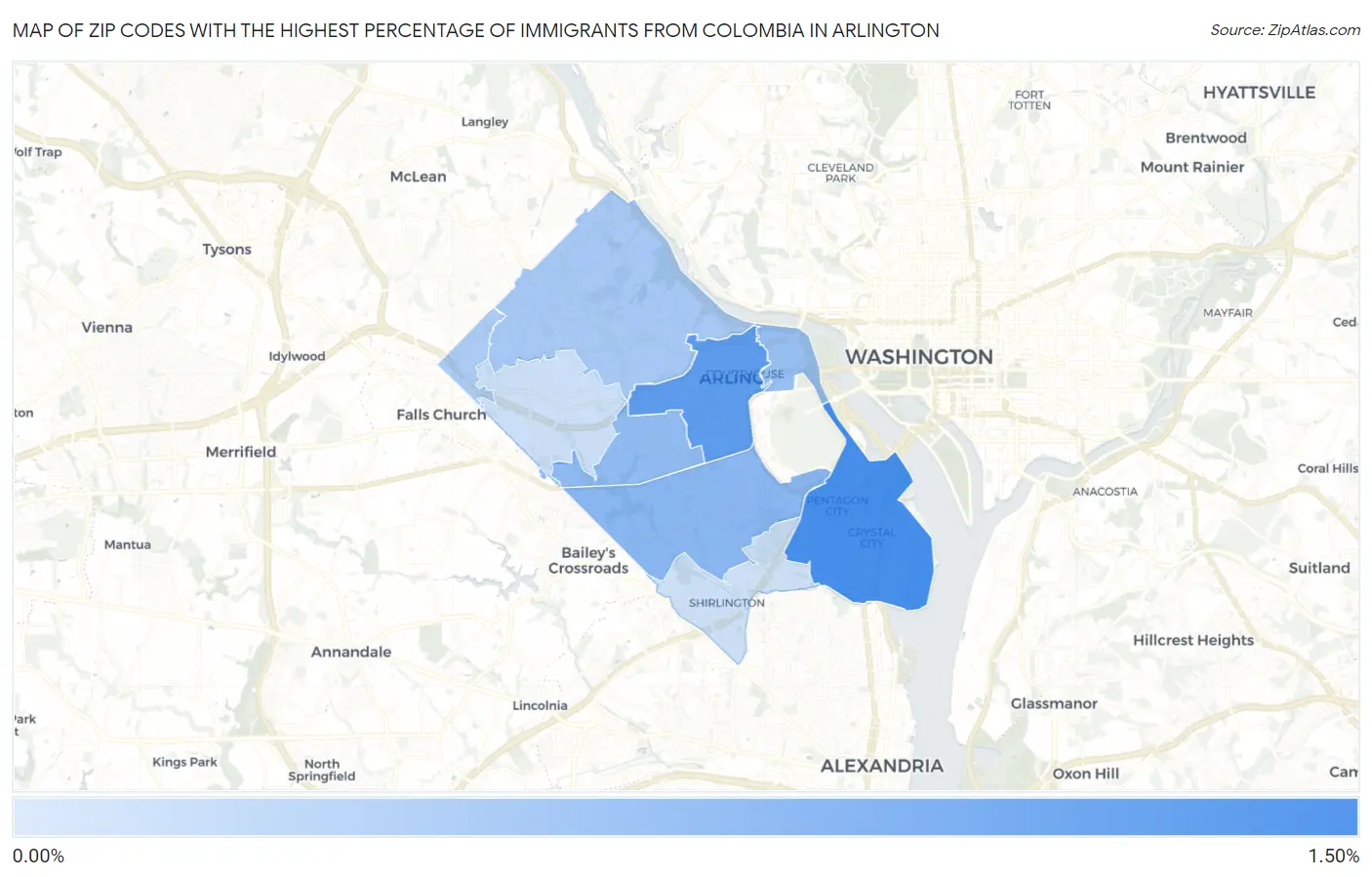 Zip Codes with the Highest Percentage of Immigrants from Colombia in Arlington Map