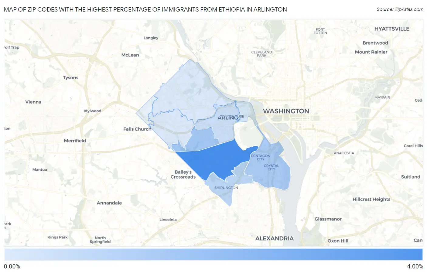 Zip Codes with the Highest Percentage of Immigrants from Ethiopia in Arlington Map