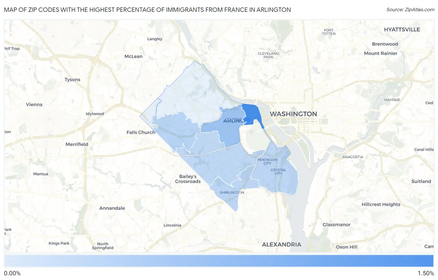 Zip Codes with the Highest Percentage of Immigrants from France in Arlington Map