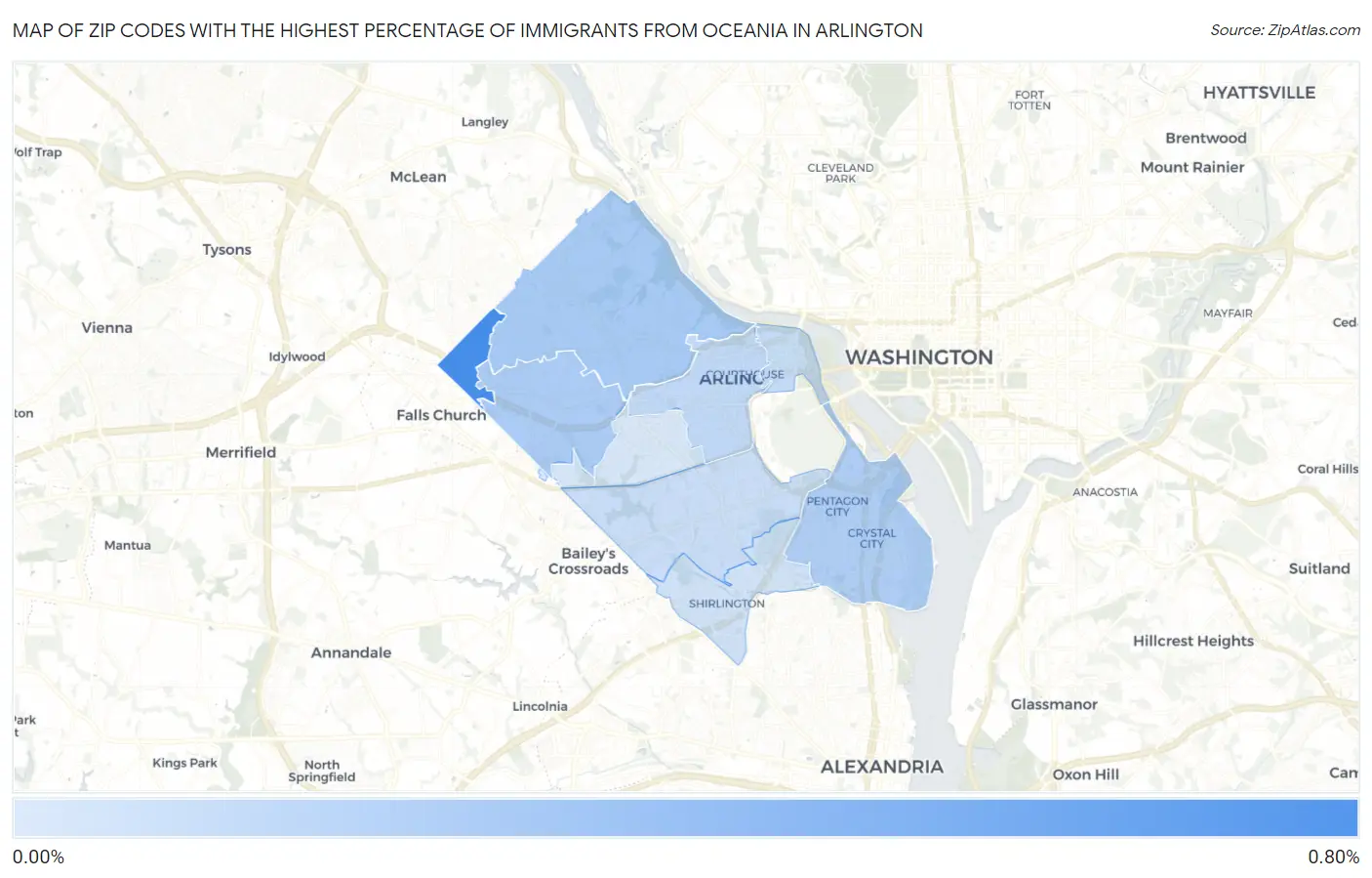 Zip Codes with the Highest Percentage of Immigrants from Oceania in Arlington Map