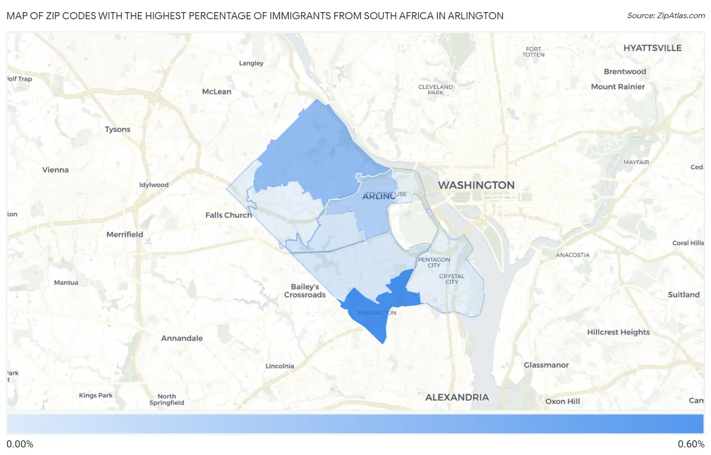 Zip Codes with the Highest Percentage of Immigrants from South Africa in Arlington Map