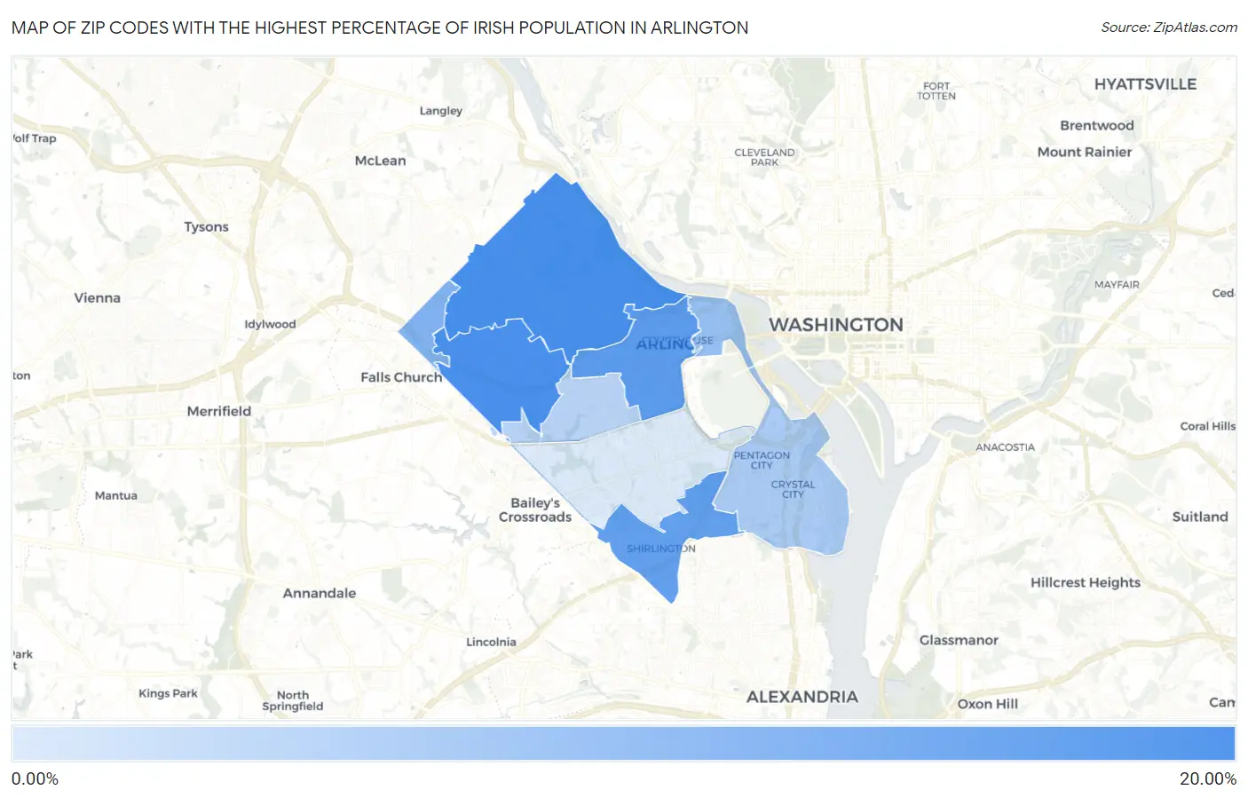 Zip Codes with the Highest Percentage of Irish Population in Arlington Map