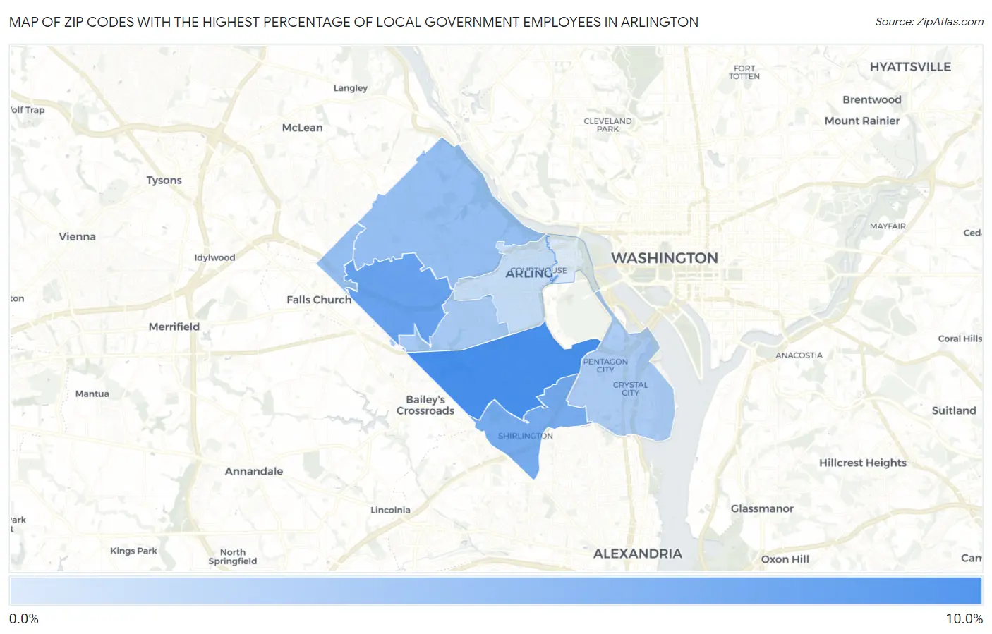 Zip Codes with the Highest Percentage of Local Government Employees in Arlington Map