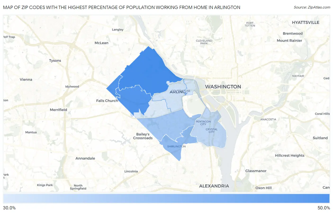 Zip Codes with the Highest Percentage of Population Working from Home in Arlington Map