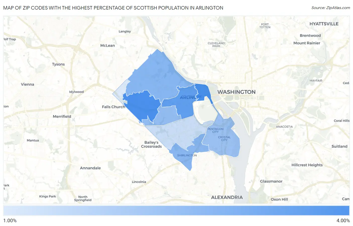 Zip Codes with the Highest Percentage of Scottish Population in Arlington Map