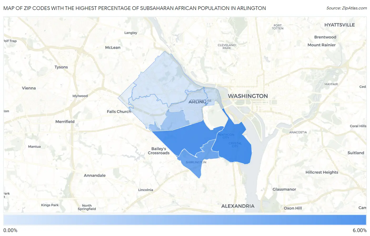 Zip Codes with the Highest Percentage of Subsaharan African Population in Arlington Map