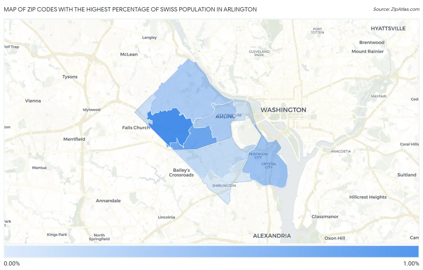 Zip Codes with the Highest Percentage of Swiss Population in Arlington Map